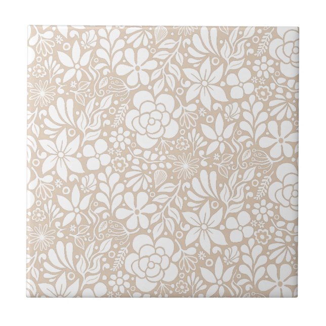 Bold Wild Flowers & Leaves Garden L white Tile (Front)