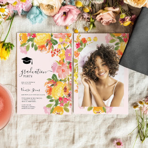 Bold Wildflower Floral Watercolor Photo Graduation Invitation