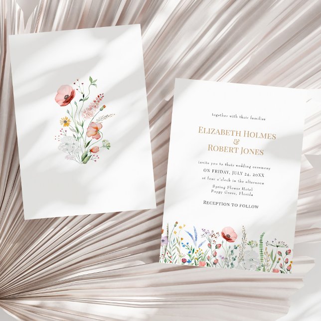 Bold Wildflower Meadow Wedding Invitation (Boho Watercolor Wildflower Wedding Invitation on a sunny neutral dry palm leaf.)