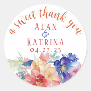 Bold Wildflower Round Sticker Blue Pink Peach