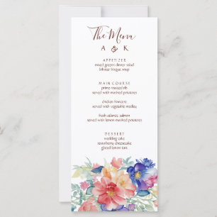 Bold Wildflower Wedding Menu Card Blue Pink Peach 