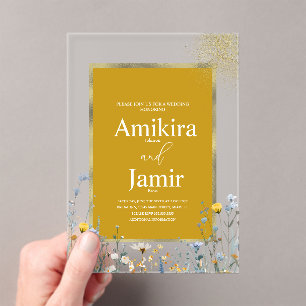 Bold Wildflowers Colourful Yellow Wedding Acrylic Invitations