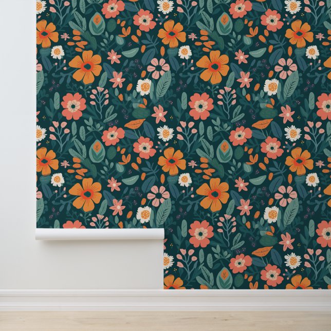 Bold Wildflowers Floral Green Wallpaper (Application)