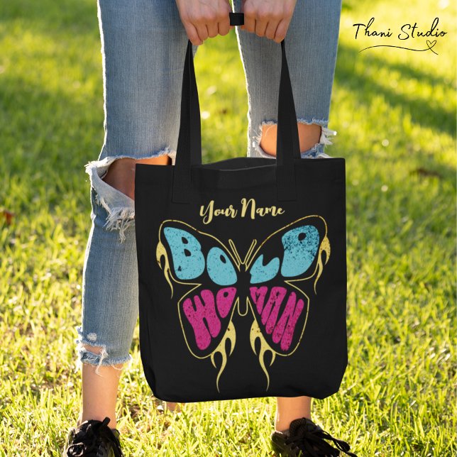 Bold Woman Personalised Name Rustic Butterfly Tote Bag (Creator Uploaded)