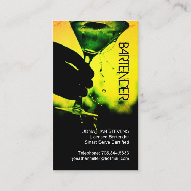 Bold Yellow and Green Bartender Business Card (Front)