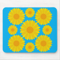 Bold Yellow and Orange Flowers on Blue Background 