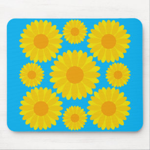 Bold Yellow and Orange Flowers on Blue Background  Mouse Pad