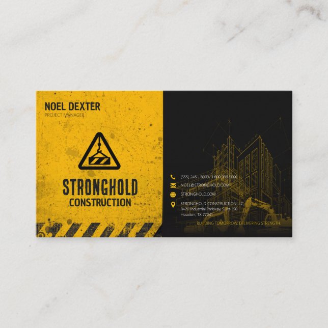 Bold Yellow Black Construction Business Card (Front)