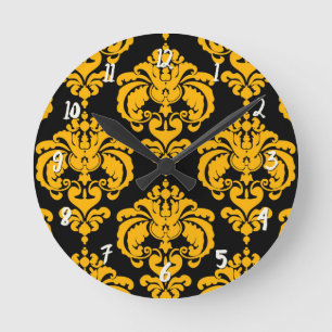Bold Yellow & Black Damask Modern Personalised Round Clock