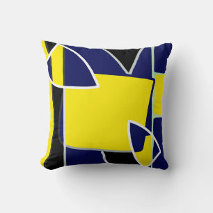 Bold Yellow Blue Black Abstract Art Lines Cushion