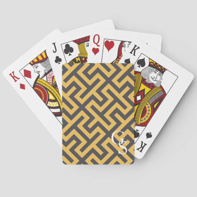 Bold yellow greek key geometric patterns monogram playing cards (Back)