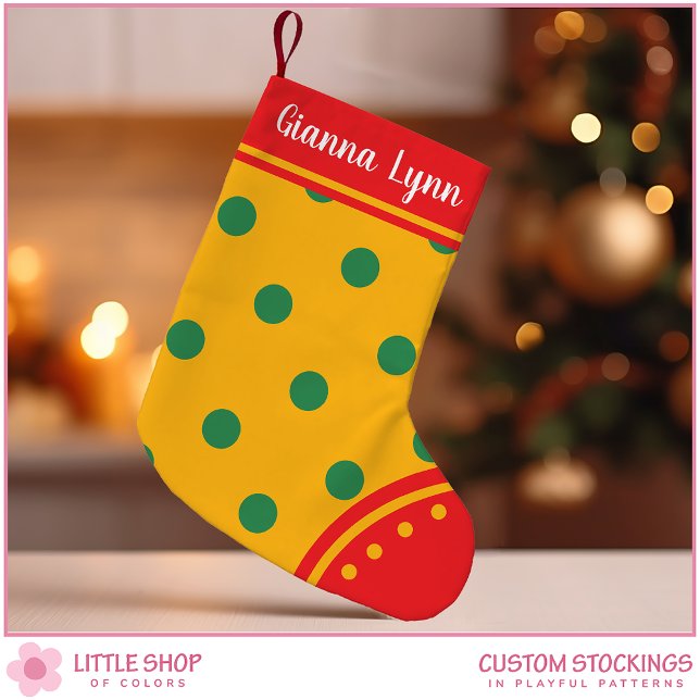 Bold Yellow Green Polka Dot Customisable Kids Small Christmas Stocking (Creator Uploaded)