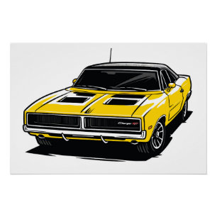 Bold Yellow Muscle Car Pop Sketch Poster
