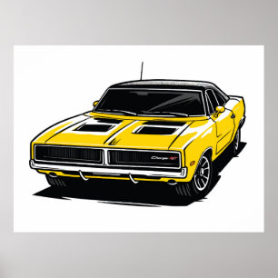 Bold Yellow Muscle Car Pop Sketch Poster