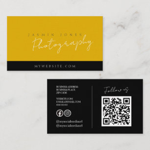 Bold Yellow QR Code Photography Business Card
