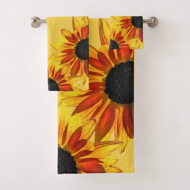 Bold Yellow Red Sunflower Floral Garden Towel Set (Insitu)