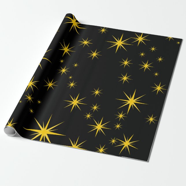 Bold Yellow Stars with Black Ski Wrapping Paper (Unrolled)