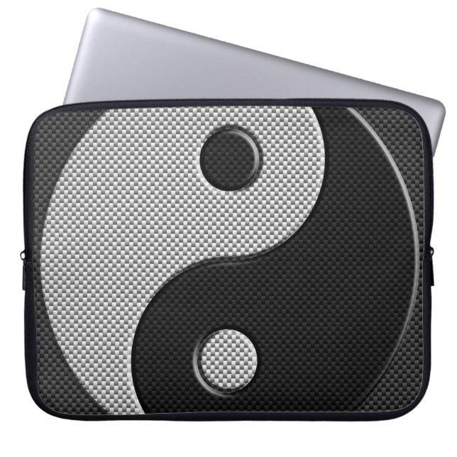 Bold Yin Yang in Carbon Fibre Print Style Laptop Sleeve (Front)