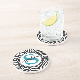Bold Zebra Pattern Blue Monogram and Name Coaster