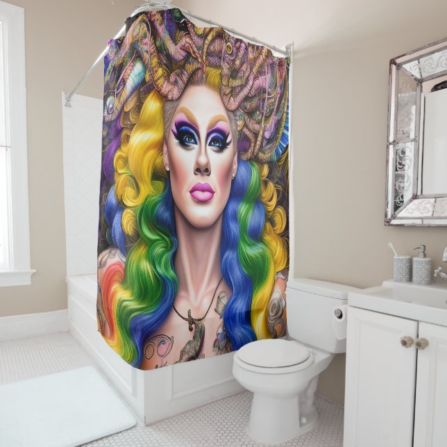 Boldly Glowing Rainbow Drag Queen Artwork Design Shower Curtain (In Situ)