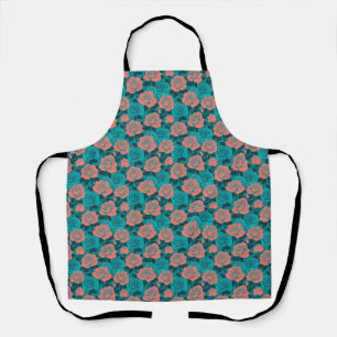 Boldly Stylised Roses In Shades Of Teal And Turquo Apron