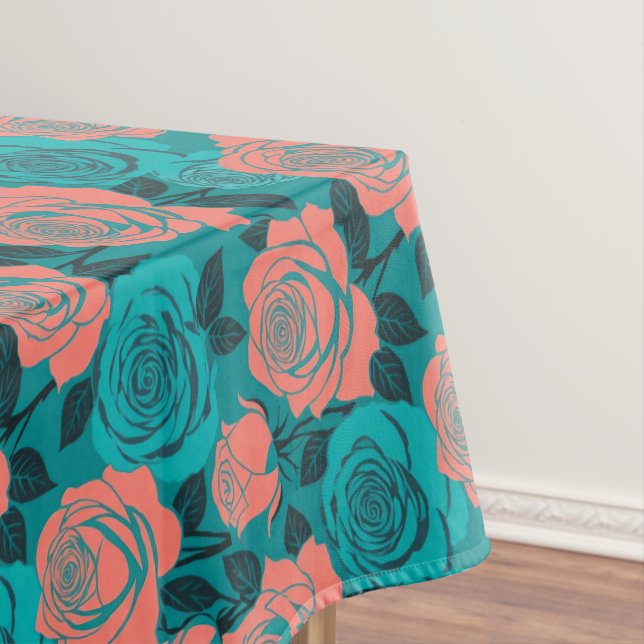 Boldly Stylized Roses In Shades Of Teal And Turquo Tablecloth (In Situ)