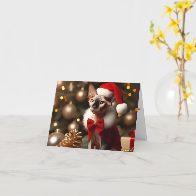 Boldog Karácsonyt Elf Sphynx Cat Custom Christmas  Card (Yellow Flower)