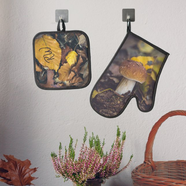 Bolete mushroom with yellow leaves oven mitt & pot holder set (Creator Uploaded)