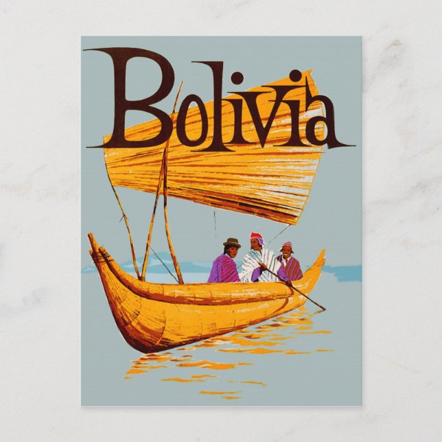 Bolivia, fishermen on the boat, vintage travel postcard (Front)