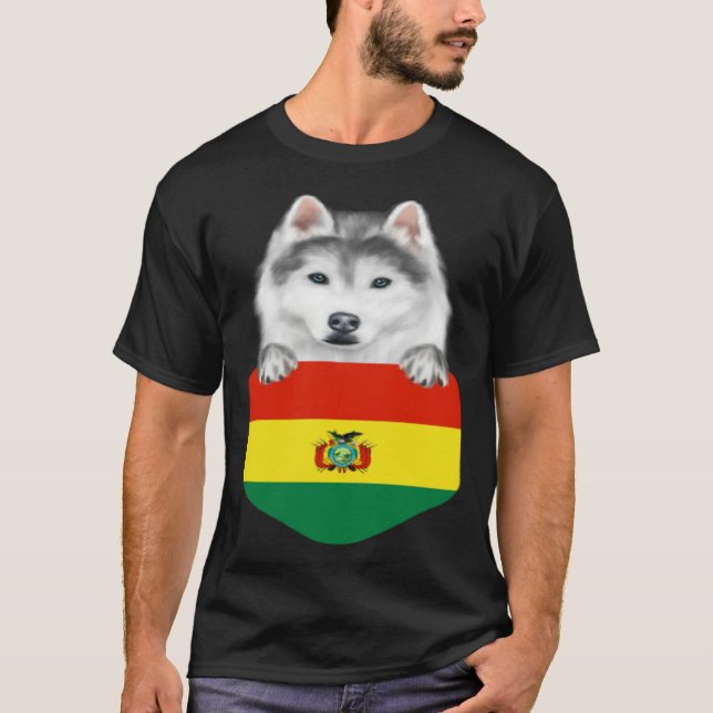 Bolivia Flag Siberian Husky Dog In Pocket T-Shirt (Front)