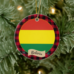 Bolivia, Red buffalo plaid & Bolivian Flag Ceramic Tree Decoration