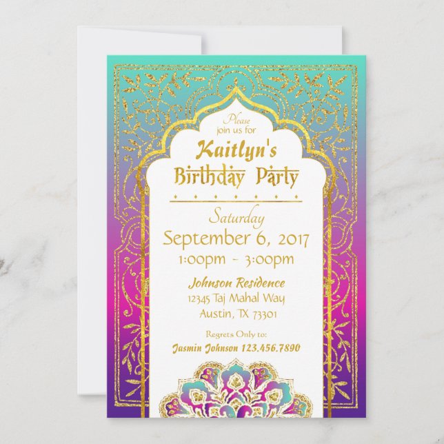Bollywood Arabian Nights Birthday Invitation Card (Front)