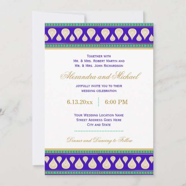 Bollywood India Blue Green Gold Colourful Wedding Invitation (Front)