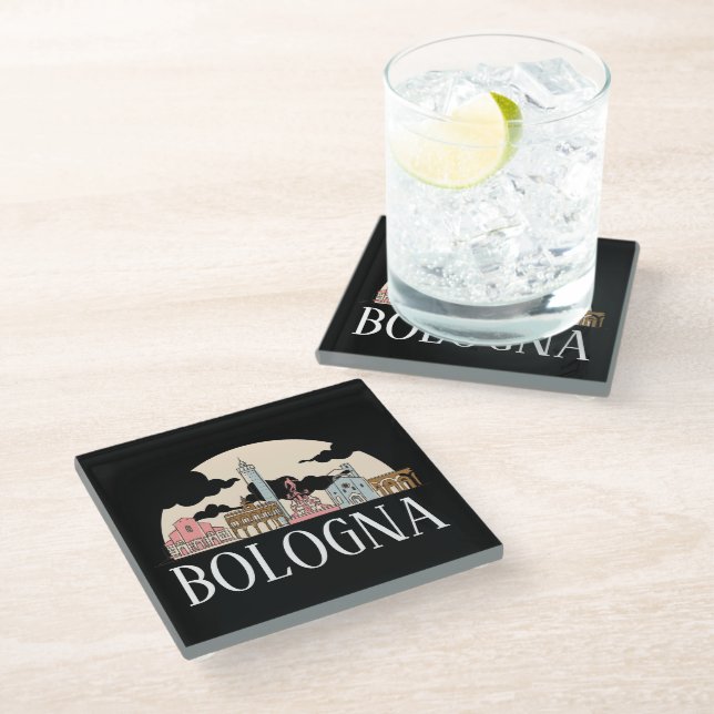 Bologna Italy City Silhouette Vintage Travel Glass Coaster (Angled)