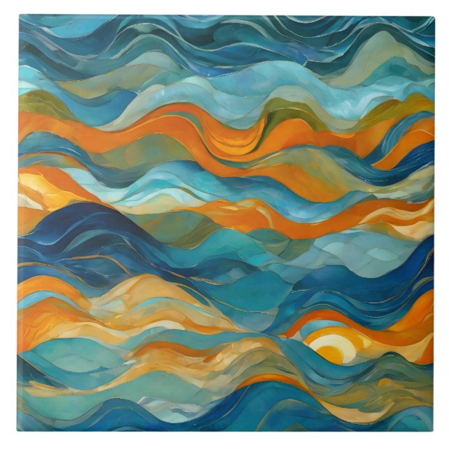 "Bolonia" Blue Green Orange Waves Tile (Front)