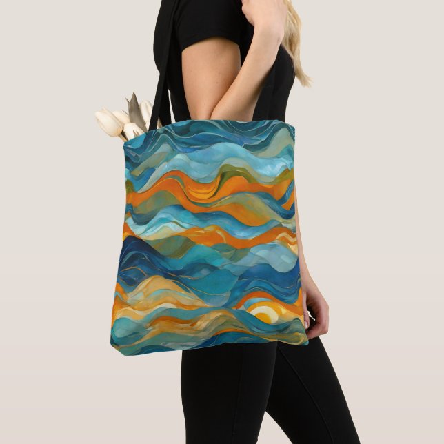 "Bolonia" Blue Green Orange Waves Tote Bag (Close Up)