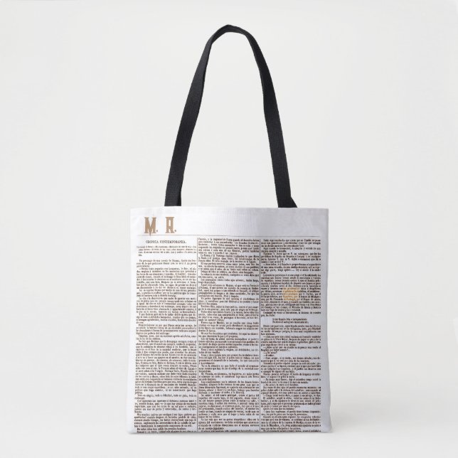 Bolsa con Monogram and Old Spanish Newspaper Page  Tote Bag (Front)