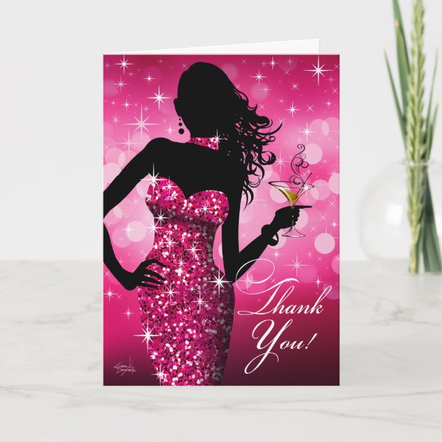 Bombshell Bling Glitter Thank You | fuchsia Card (Front)