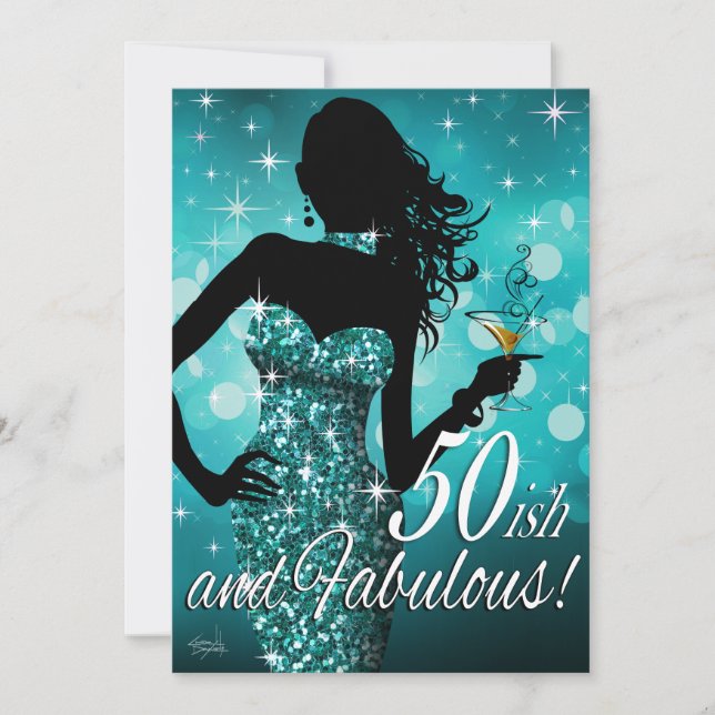 Bombshell Glitter Sparkle 50-ish Birthday | teal Invitation (Front)