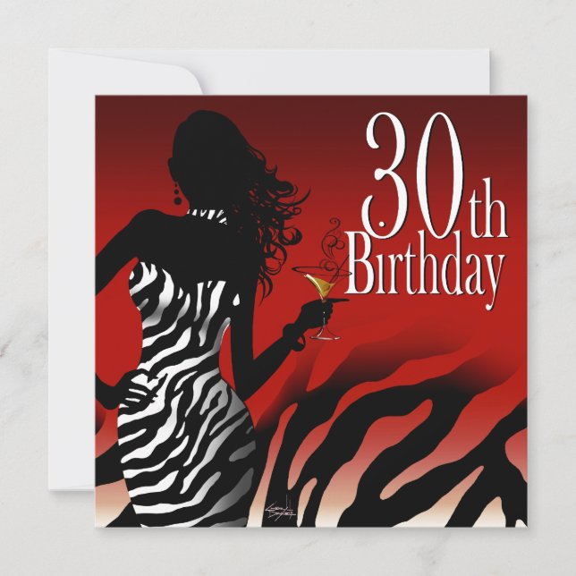 Bombshell Zebra 30th Birthday Party Red Invitation (Front)