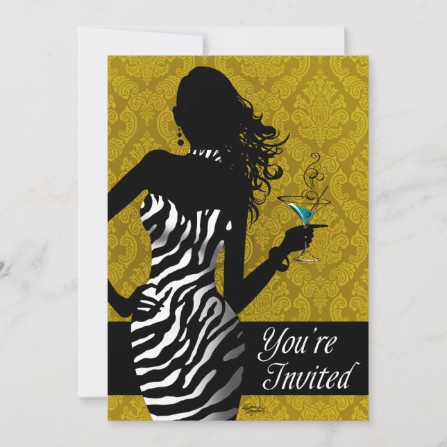 Bombshell Zebra Bachelorette Ladies Night Gold Invitation (Front)