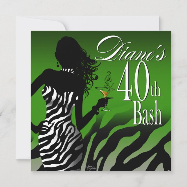 Bombshell Zebra Diane's 40th Birthday Green Invitation (Front)