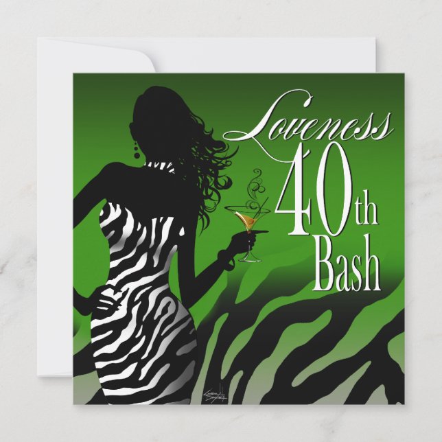 Bombshell Zebra Loveness 40th Birthday Green Invitation (Front)