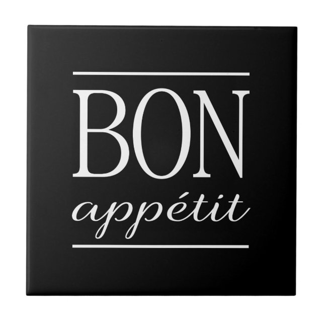 BON APPETIT Black & White Kitchen Typography Quote Tile (Front)