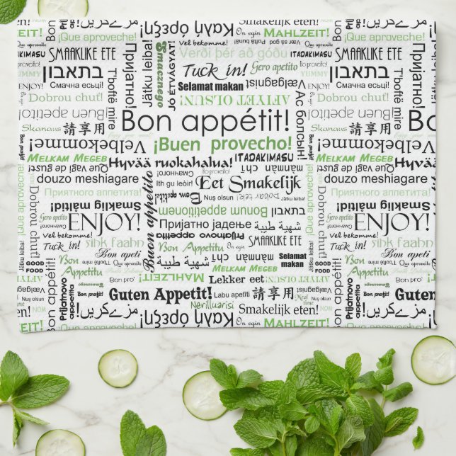 Bon appetit in other languages - green tea towel (Folded)