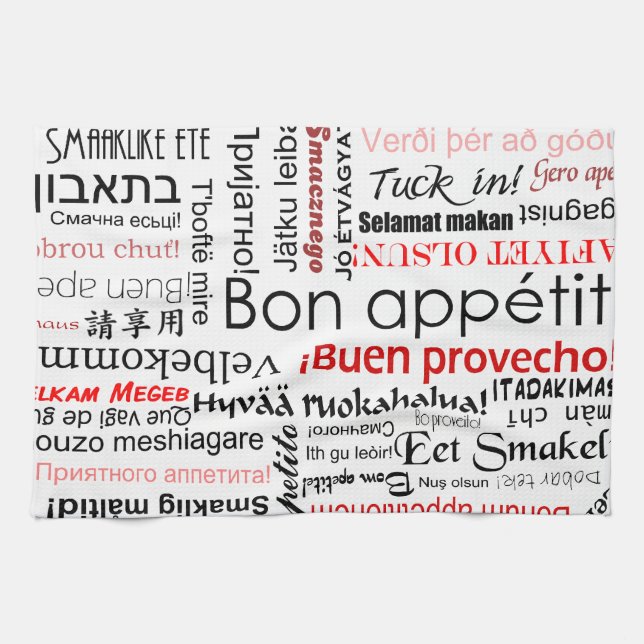 Bon appetit in other languages - red tea towel (Horizontal)