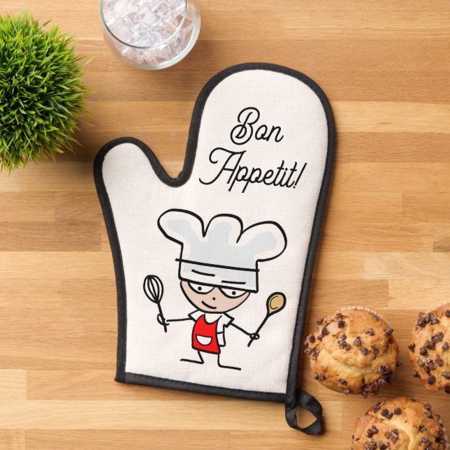 Bon Appétit oven mitt with cute cartoon chef (Top down)