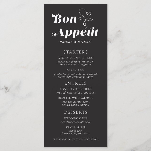 Bon Appetit Wedding Dinner Black White Menu (Front)