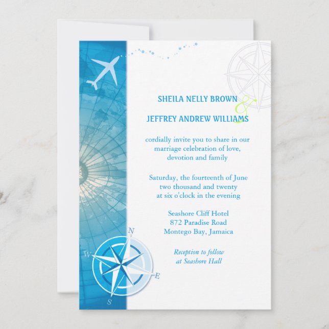 Bon Voyage Blue Destination Wedding Invitation (Front)