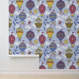 Bon Voyage Blue Yellow & Red Hot Air Balloons Wallpaper
